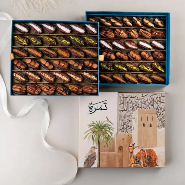 Medjool Stuffed Mix Two Layers gift box showing two layers of premium stuffed Medjool dates