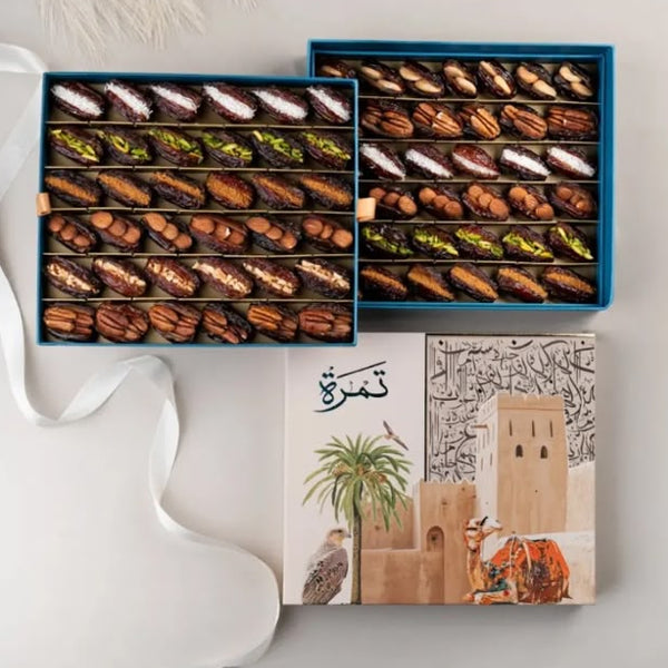 Medjool Stuffed Mix Two Layers gift box showing two layers of premium stuffed Medjool dates