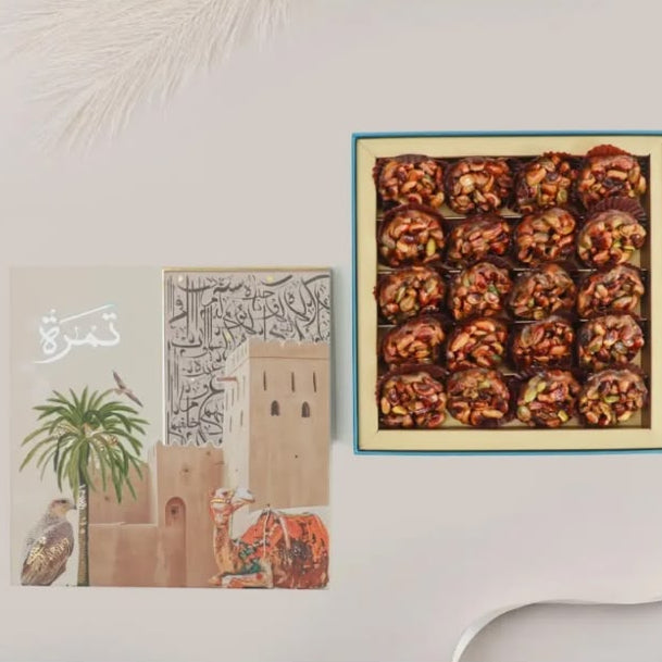 Luxury Pistachio Pearl dates in a Tamra Choco gift box with Arabic calligraphy card
